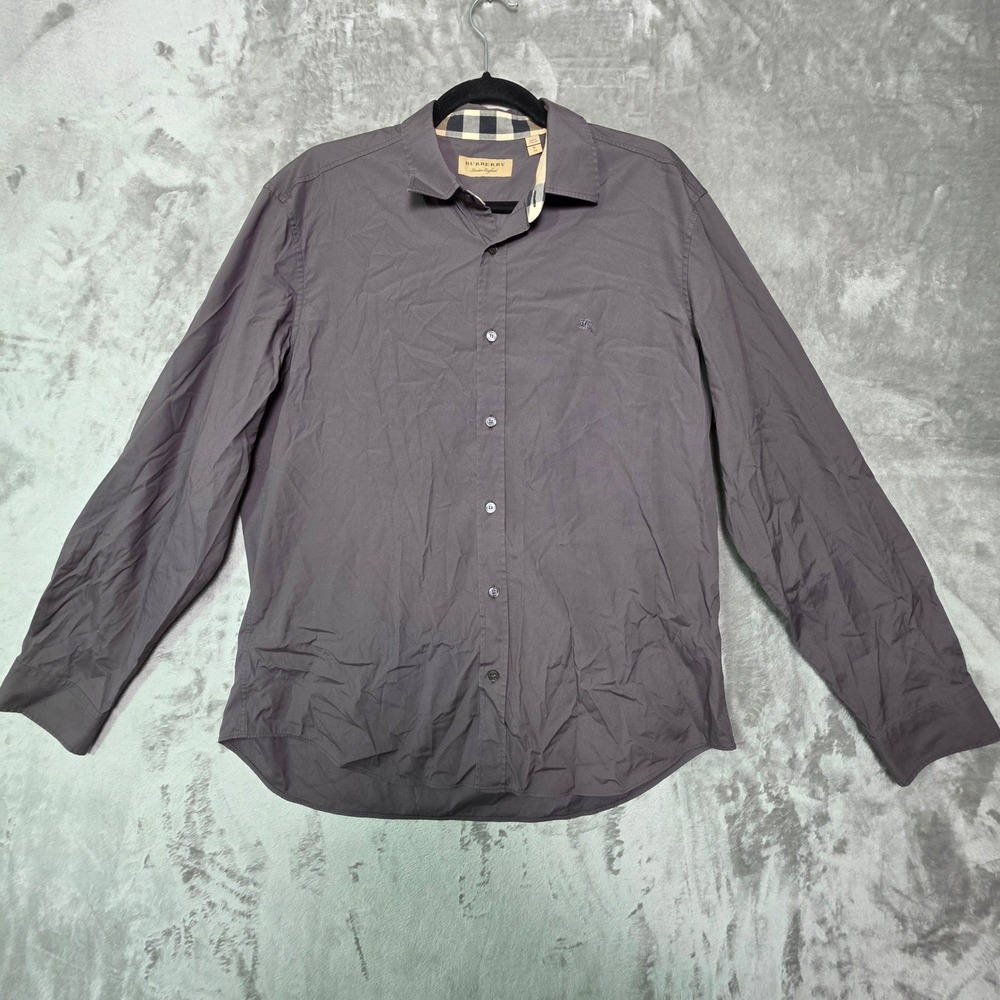 Burberry London England Mens XL Grey Nova Check Trim Button Down Shirt Logo